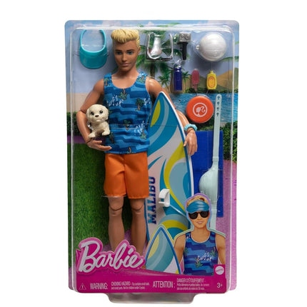 Ken Doll with Surfboard and Pet Puppy, Poseable Blonde Barbie Ken Beach Doll with Themed Accessories like Towel, HPT50