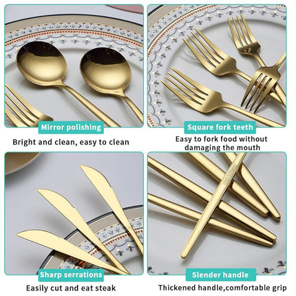 Evanda Gold Cutlery Set 64-Piece Service for 16 People, Titanium Gold-Plated Stainless Steel Cutlery Set, Knife Forks Spoons Cutlery Set for Wedding, Parties, Birthday, WCAU, Dishwasher Safe