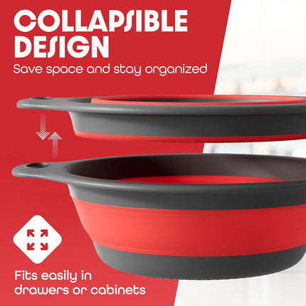 Gevoli Collapsible Colander Food Strainer with Over-Sink Self Draining Base for Pasta Fruits and Vegetables, Round Foldable Draining Basket Grey/Red