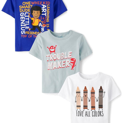 T-shirt graphique à manches courtes The Children's Place pour bébé garçon, motif "Handsome Trouble", lot de 3 (Troublemaker/Love All/Genius), 12-18 mois