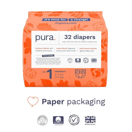 Pañales ecológicos Pura Talla 1 (1.8-5 kg) Hipoalergénicos, Suaves y Cómodos de Algodón Orgánico, Sostenibles, Indicador de Humedad, Allergy UK, Recién Nacido, Compra a granel, 6 Paquetes de 32 (192 pañales para bebé)