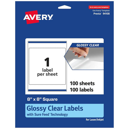 Avery Glossy Clear Square Labels with Sure Feed, 8" x 8", 100 Glossy Clear Labels, Laser/Inkjet Printable Labels