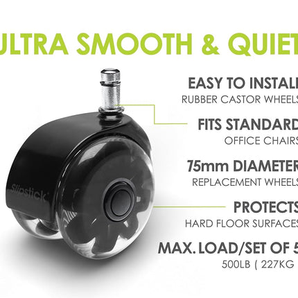 Monster 75mm Dual Rollerblade Office Chair Wheels (Set of 5) Slipstick Premium Rubber Castor Wheels for Chairs, Smooth & Safe Rolling on All Flooring