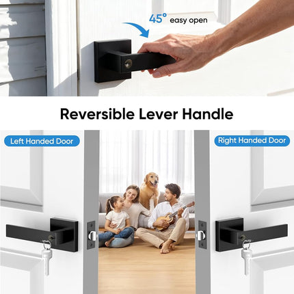YYTDZSW Matte Black Door Handles 6-Pack, Entry Door Knobs with Lock and Key (Different Keys), Heavy Duty Reversible Lever Handle(2.2lb), Fits Standard Doors 1-3/8" to 1-3/4" for Interior Exterior