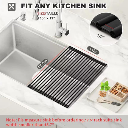 MERRYBOX Roll Up Over The Sink Dish Drying Rack Silicone Wrapped Foldable, Heat-Resistant, Anti-Slip Sink Rack Multipurpose Dish Drainer for Kitchen Sink Counter - Black, 17.5" x 11"