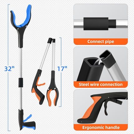 NOEAIKE 2-Pack 32"Grabber Reacher Tool,Foldable Reacher Grabber Pickup Tool with 360°Rotating Jaw & Magnetic Tip,GarbageTrash Picker Upper Grabber,Lightweight Grabbers for Seniors/Elderly(Orange/blue)