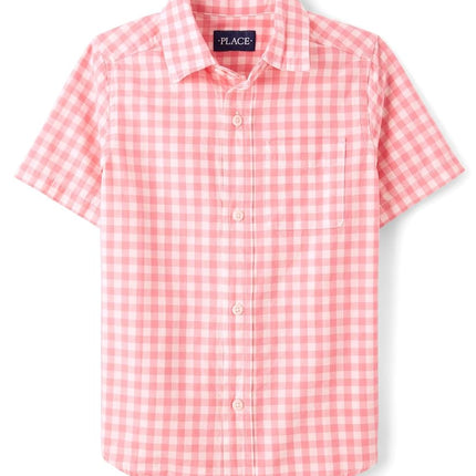 The Children's Place Chemise boutonnée en popeline à manches courtes pour garçons, à carreaux vichy cerise, grande taille