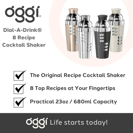 OGGI Dial A Drink Cocktail Shaker-23oz Stainless Steel Shaker, 8 Recipes, Stainless Steel Lid has Built in Strainer, Ideal Cocktail Mixer, Martini Shaker, Margarita Shaker & More, Stainless
