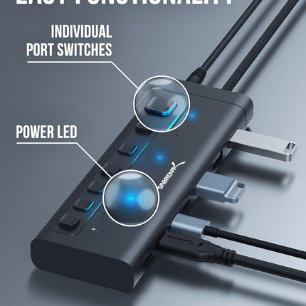 SABRENT Powered USB Hub, USB Hub Powered Docking Station USB Splitter, 7-Port 48W Powered USB C Hub with Switches (HB-3A4C)