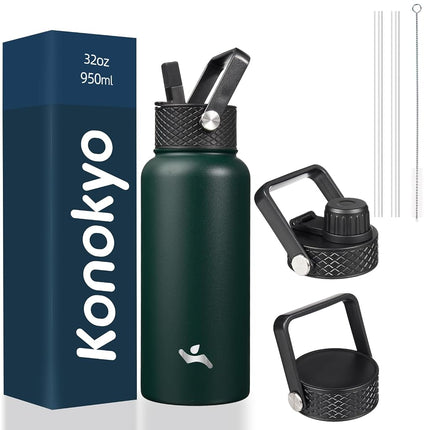 Konokyo Insulated Water Bottle with Straw,32oz 3 Lids Metal Bottles Stainless Steel Water Flask,Army Green
