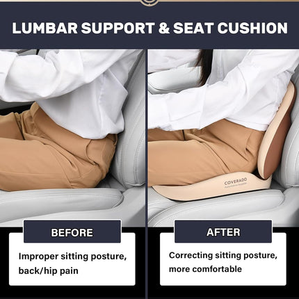 Coverado Car Seat Cushion and Lumbar Support Pillow, Memory Foam Ergonomic Back Support Driving Seat Cushion for Sciatica, Tailbone, Back Pain, Non-Slip Washable Cushion for Car, Driver, Office