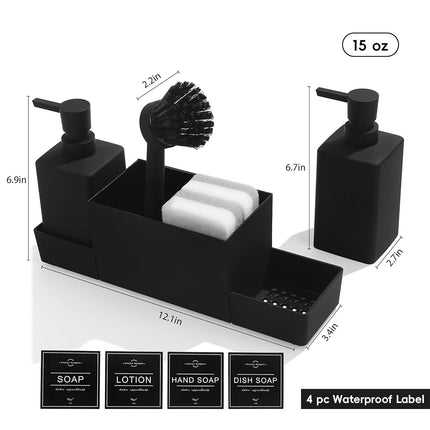 YAUKPH Kitchen Soap Dispenser with Sponge Holder Set for Sink Caddy (Double soap dispensers and 1 Brush) Matte Black
