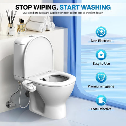 Non-Electric Bidet Attachment, Self-Clean Dual Nozzles, Adjustable Pressure
