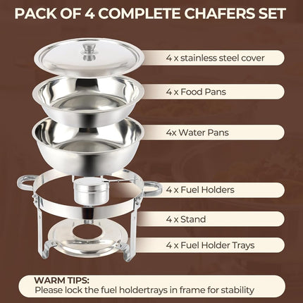Elegant Silver Chafing Dishes for Buffet 4 Pack, 5QT Stainless Steel Food Warmers - Secure Packaging, Easy Assembly & Smooth Edges for Safe Serving at Parties, Catering, Weddings