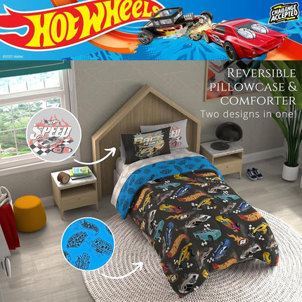 Juego de edredón y sábanas Franco con funda, microfibra, Hot Wheels, 5 piezas, tamaño individual
