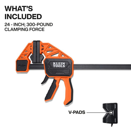 Klein Tools 47558 Speed-Klamp 24-Inch, 300-Pound Clamping Force, Clamp/Spreader, Pivoting Pads, One-Handed-Operation for Woodworking and Metal Projects