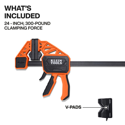 Klein Tools 47558 Speed-Klamp 24-Inch, 300-Pound Clamping Force, Clamp/Spreader, Pivoting Pads, One-Handed-Operation for Woodworking and Metal Projects