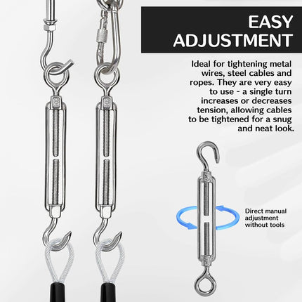 High-PQ Stainless Steel Turnbuckle Tensioner, Heavy Duty Turnbuckles, Hook and Eye Turnbuckle for Cable Tent Installation Sun Shade Gardening Decoration（M8,6PCS）