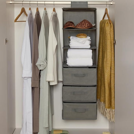 Amazon Basics Hanging Closet Shelf With 3 Removable Drawers, 6-Tier, Grey, 17.5D x 34.5W x 31H cm