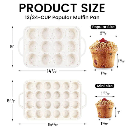 Vinino 2Pack Silicone Muffin Pan for Baking with Metal Reinforced Frame, Regular 12 Cup and Mini 24 Cup Nonstick Cupcake Pan Set, BPA Free Silicone Muffin Tray Molds for Oven Dishwasher Safe