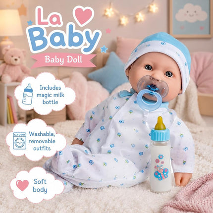 JC Toys, La Baby muñeco bebé niño de 16 pulgadas, cuerpo suave, lavable, azul, con accesorios - Para niños de 12 meses en adelante, diseñado por Berenguer