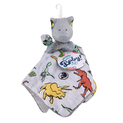 NoJo Welcome to The Universe Baby Jurassic World Grey, Green, Orange and Yellow, Grey Plush Dinosaur Raptor Security Baby Blanket
