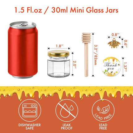 AuroTrends 1.5oz Mini Honey Jars with Dipper 30Pack, Glass Jars for Baby Shower Favors/Wedding Favors for Guests Bulk-Mini Canning Jars with Wooden Dippers/Bee Charms (1.5 fl.oz-30Pack)