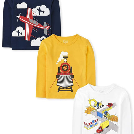 Camiseta Gráfica de Manga Larga Multicolores de Niños Bebés y Niños Pequeños de The Children's Place, Paquete de 3, Vehículos, 3T