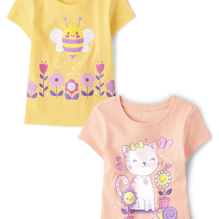 The Children's Place Girls Short Sleeve Graphic T-Shirt, Bee Flower/Cat Flower, 12-18 Months