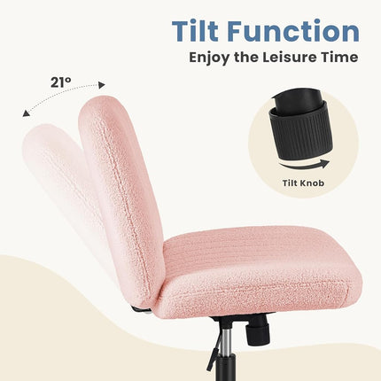 DUMOS Criss Cross Chair with Wheels, Wide Cross Legged Office Desk Vanity Chairs, Armless Adjustable Swivel Chairs for Home Computer Task, Teddy Pink