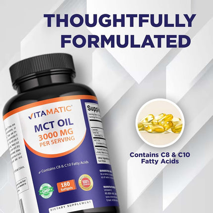 Vitamatic MCT Oil 3000 mg per Serving - 180 Softgels - From Coconut Oil - contains 55% caprylic acid C8 and 40% capric acid C10
