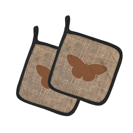 Caroline's Treasures Butterfly Faux Burlap and Brown Pair of Pot Holders BB1044-BL-BN-PTHD, Fabric, Multicolor