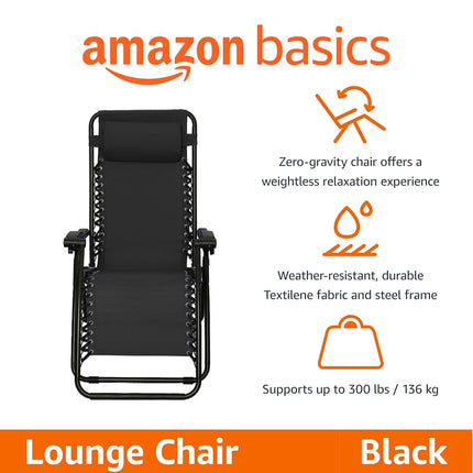 Amazon Basics Outdoor Zero Gravity Mesh Lounge Chair with Pillow, Folding Reclining and Textilene Adjustable, 90 x 66 x 110 cm, Black