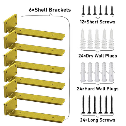 Premium Heavy Duty Shelf Brackets – 0.2In Thick Gold L Shape Shelf Bracket, Hidden Steel Brackets for Shelves - 8 Inch Heavy Duty Floating Shelf Hardware (6Pcs)