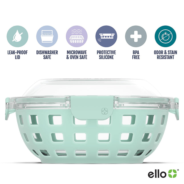 Ello DuraGlass - Recipiente de vidrio para alimentos, fiambrera, con funda de silicona y tapa hermética, 5 tazas, color yuca