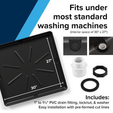 Camco 20750, Washing Machine Drain Pan | Features a Durable Plastic Construction, 1-inch/1.5-inch PVC Drain Fitting, and Measures 30-inches (L) x 32-inches (W) x 2 ½-inches (H) (OD)