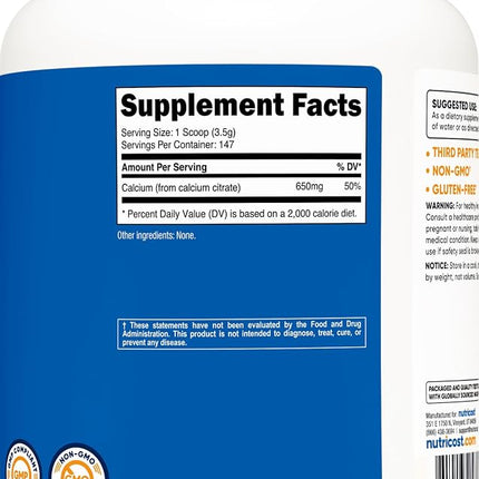 Nutricost Pure Calcium Citrate Powder 500 Gram Unflavored