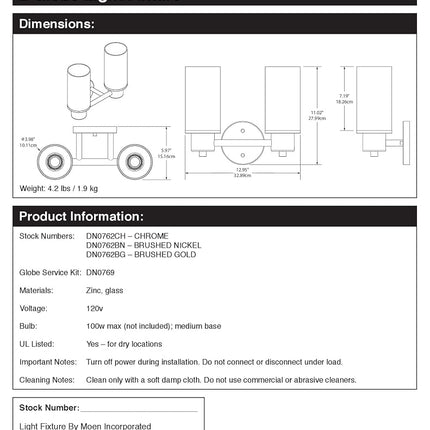 Moen DN0762BL Iso Applique de salle de bain à 2 ampoules à montage double avec verre dépoli, noir mat
