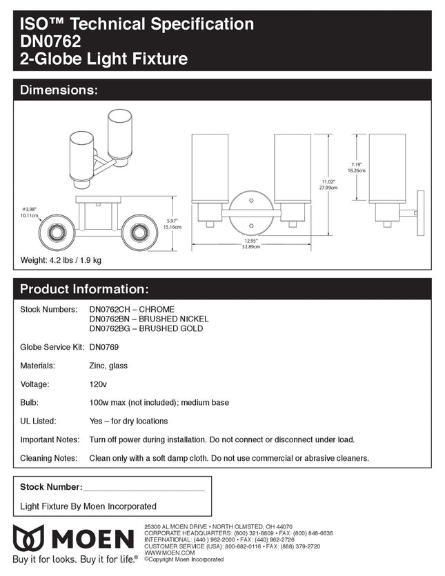 Moen DN0762BL Iso 2-Light Dual-Mount Bath Bathroom Vanity Fixture with Frosted Glass, Matte Black