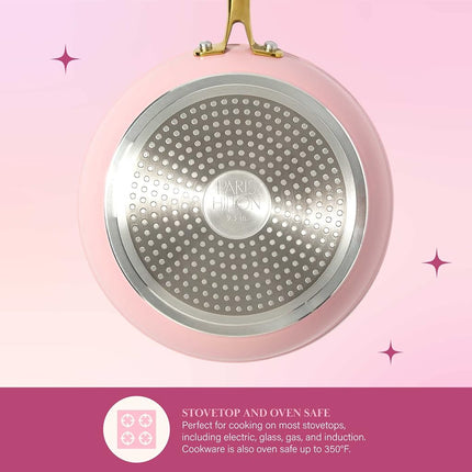 Paris Hilton Iconic Nonstick Pots and Pans Set, Multi-Layer Nonstick Coating, Matching Lids with Gold Handles, Made Without PFOA, Dishwasher Safe Cookware Set, 10-Piece, Pink
