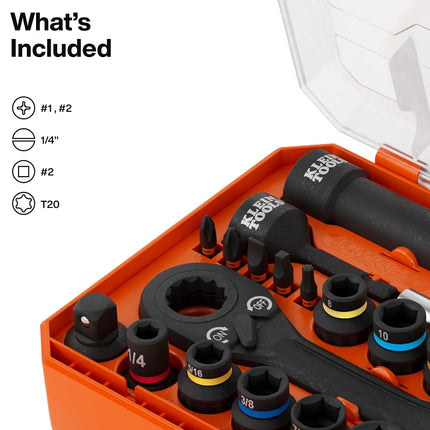 Klein Tools 65400KNECT Jeu de douilles à percussion traversantes KNECT Essential, SAE et métrique, cliquet 90 dents, coffret MODbox, entraînement 3/8", 28 pièces