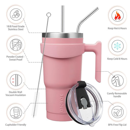 BJPKPK Tumbler with Handle 20 oz Stainless Steel Double Wall Insulated Tumbler Cups with Lid and Straw,Light Pink