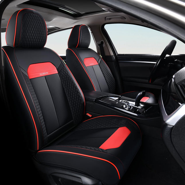 FLORICH Car Seat Cover Full Seats with Waterproof Leather, Car Seat Protectors with Storage Pocket, Airbag Compatible, Universal Seat Cover Fit for SUV, Sedan, Vans, Trucks- Black&Red Line