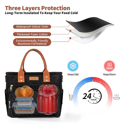 Large Women Lunch Bags for Work Insulated/Insulated Adult Lunch Box for Women/Durable Nylon Thermal Cooler Bag/Leakproof Cooler Tote Bag with Storage Pocket(Newly Upgraded Noir Black Brown Strap)