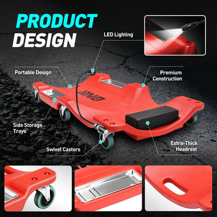 DNA MOTORING 40 Inch Low Profile Plastic Rolling Garage Shop Floor Creeper with LED Light, Padded Headrest, Dual Tool Trays, Casters, Red, TOOLS-00389