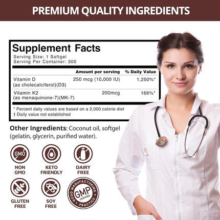 300 Pcs 2 in 1 Vitamin D3 10000 iu Plus K2 (MK-7) 200 mcg Virgin Coconut Oil Softgels with Vitamins D & K Supports Calcium Absorption – Easy to Swallow