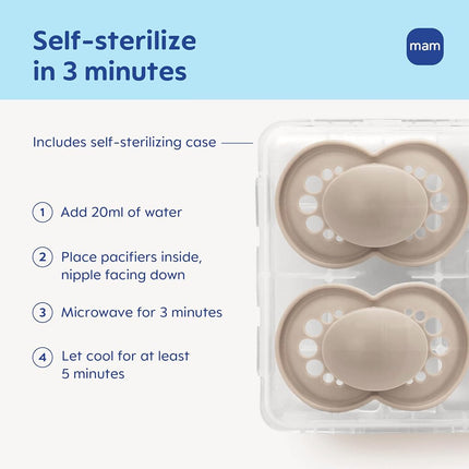 Chupete para bebé MAM Original Matte, la forma de la tetina ayuda a promover un desarrollo oral saludable, estuche esterilizador, paquete de 2, más de 16 meses, unisex