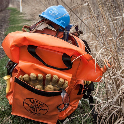 Klein Tools 5185ORA Tool Bag Backpack, Lineman Backpack, Adjustable Padded Shoulder Straps, Double-Stitched Bottom with Drain Holes, Orange