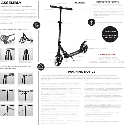 Lascoota Adult Kick Scooter - Black, 264 lb Capacity - Foldable Commuter Scooter for Adults with Front Suspension - Wear-Resistant Wheels & Adjustable Handlebar Height