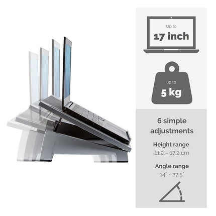 Fellowes Office Suites Laptop Stand for Desk 6 Height Adjustable Portable Laptop Riser for the Home and Office - Max Monitor Size 17", Max Weight 5KG - Black/Silver